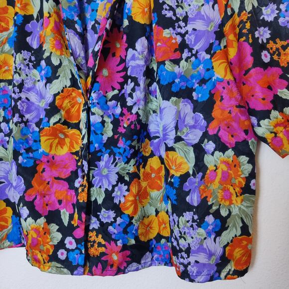 Vintage Vibrant Colorful Floral Satin Button From Short Sleeve Camp Shirt L/XL - Picture 5 of 8